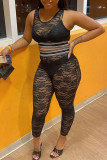 Black Fashion Sexy Solid Patchwork See-through O Neck Sleeveless Two Pieces