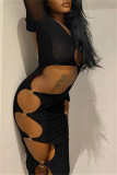 Black Fashion Sexy Solid Hollowed Out Patchwork O Neck Long Sleeve Dresses