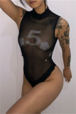 Black Fashion Sexy Patchwork Hot Drilling See-through Half A Turtleneck Skinny Romper