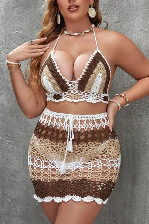 Multicolor Sexy Print Hollowed Out Patchwork Halter Sleeveless Two Pieces