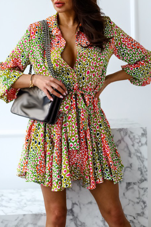 Green Casual Print Patchwork Turndown Collar Waist Skirt Dresses