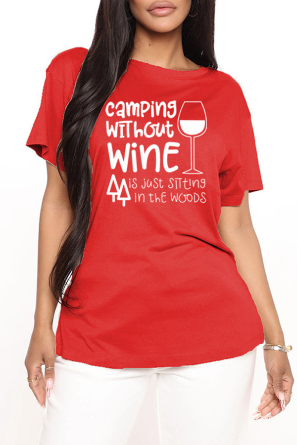 Red Fashion Casual Letter Print Basic O Neck T-Shirts