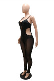 Black Sexy Patchwork Solid Hollowed Out See-through Backless Spaghetti Strap Skinny Jumpsuits