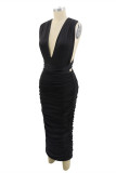 Black Fashion Sexy Solid Backless Fold V Neck Sleeveless Dress
