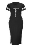Black Fashion Casual Plus Size Print Slit O Neck Short Sleeve Dress