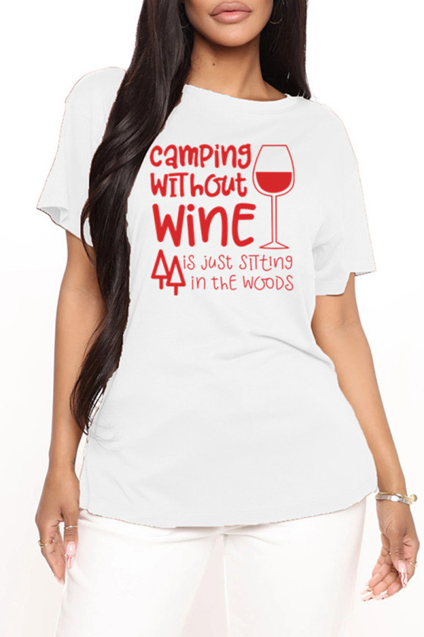 White Fashion Casual Letter Print Basic O Neck T-Shirts