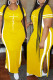 Yellow Fashion Casual Plus Size Print Slit O Neck Short Sleeve Dress