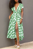 Green Fashion Casual Print Slit V Neck Short Sleeve Dress