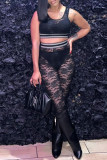 Black Fashion Sexy Solid Patchwork See-through O Neck Sleeveless Two Pieces