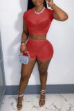 Red Sexy Solid Patchwork See-through O Neck Short Sleeve Two Pieces