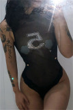 Black Fashion Sexy Patchwork Hot Drilling See-through Half A Turtleneck Skinny Romper
