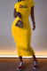 Yellow Fashion Sexy Print Letter O Neck One Step Skirt Dresses
