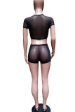 Red Sexy Solid Patchwork See-through O Neck Short Sleeve Two Pieces