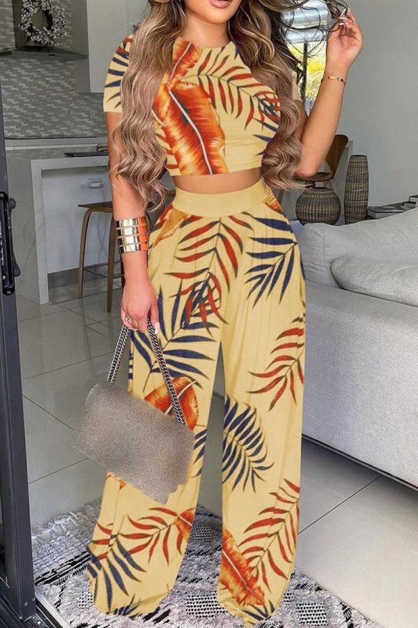 Khaki Fashion Casual Print Basic O Neck Short Sleeve Two Pieces
