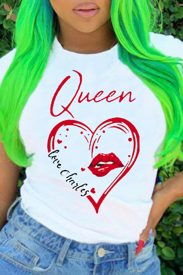 White Red Fashion Casual Print Basic O Neck T-Shirts