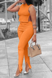 Orange Sexy Solid Hollowed Out Split Joint Slit O Neck Sleeveless Two Pieces