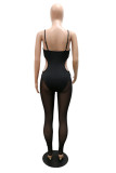 Black Sexy Patchwork Solid Hollowed Out See-through Backless Spaghetti Strap Skinny Jumpsuits