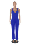 Blue Fashion Solid Patchwork Spaghetti Strap Straight Jumpsuits