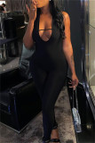 Black Fashion Sexy Solid Bandage See-through Halter Skinny Jumpsuits