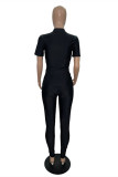 Black Fashion Casual Solid Basic O Neck Short Sleeve Two Pieces