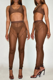 Coffee Sexy Solid Mesh Skinny High Waist Pencil Solid Color Bottoms