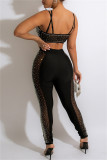 White Fashion Sexy Patchwork Hot Drilling See-through Backless Spaghetti Strap Sleeveless Two Pieces
