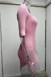 Pink Sexy Solid Split Joint U Neck Pencil Skirt Dresses