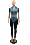 Blue Fashion Solid Patchwork Turndown Collar Short Sleeve Two Pieces