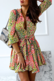 Red Casual Print Patchwork Turndown Collar Waist Skirt Dresses