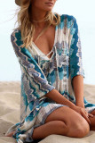 Lake Blue Sexy Print Hollowed Out Split Joint Swimwears Cover Up