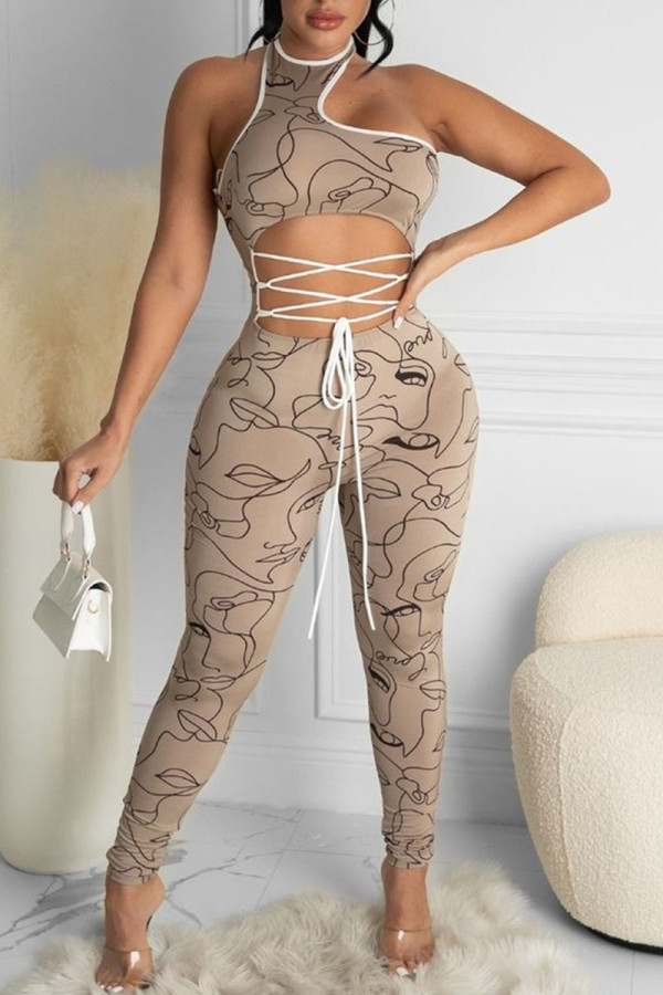 Khaki Sexy Print Bandage Hollowed Out Patchwork O Neck Regular Jumpsuits