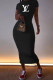 Black Fashion Casual Print Letter O Neck One Step Skirt Dresses