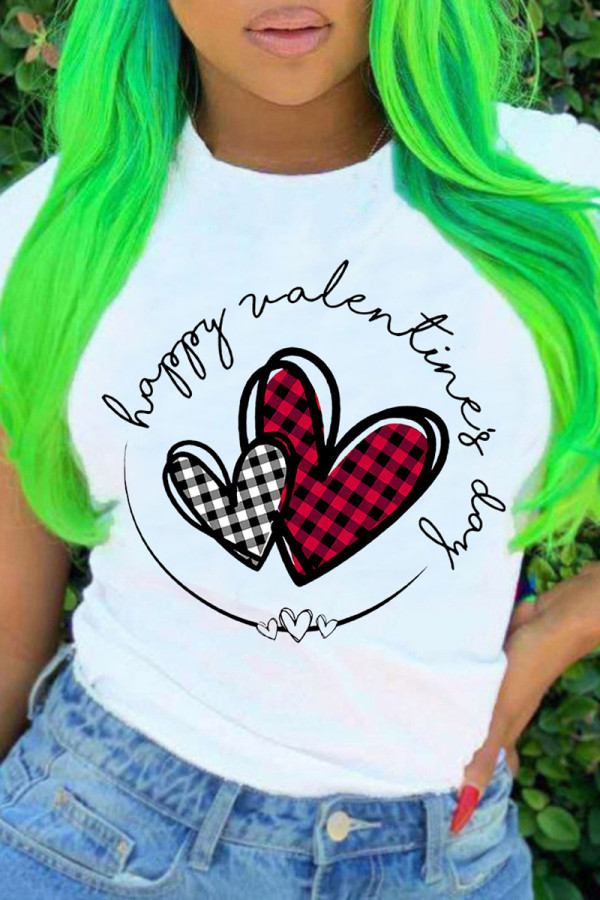 White Red Fashion Casual Print Basic O Neck T-Shirts