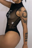 Black Fashion Sexy Patchwork Hot Drilling See-through Half A Turtleneck Skinny Romper
