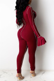 Burgundy Fashion Casual Solid Hollowed Out Split Joint V Neck Skinny Jumpsuits