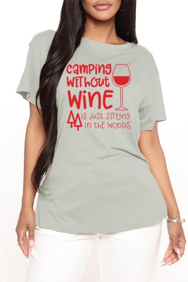 Grey Fashion Casual Letter Print Basic O Neck T-Shirts