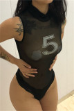 Black Fashion Sexy Patchwork Hot Drilling See-through Half A Turtleneck Skinny Romper