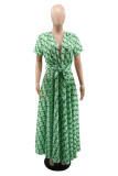 Green Fashion Casual Print Slit V Neck Short Sleeve Dress