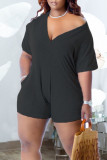 Black Casual Solid Patchwork V Neck Straight Rompers