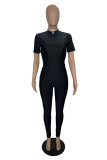 Black Fashion Casual Solid Basic O Neck Short Sleeve Two Pieces