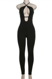 Black Fashion Sexy Solid Bandage See-through Halter Skinny Jumpsuits