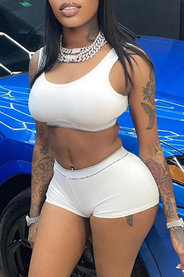 White Casual Sportswear Solid Patchwork O Neck Sleeveless Two Pieces