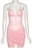 Pink Fashion Sexy Solid Patchwork See-through Backless Spaghetti Strap Sleeveless Dress Dresses