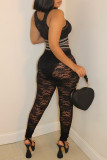 Black Fashion Sexy Solid Patchwork See-through O Neck Sleeveless Two Pieces