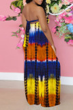 Yellow Sexy Print Patchwork Strapless Straight Jumpsuits