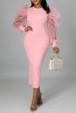 Pink Fashion Casual Solid Patchwork O Neck Long Sleeve Dresses