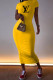 Yellow Fashion Casual Print Letter O Neck One Step Skirt Dresses