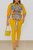 Pink Fashion Casual Print Patchwork Turndown Collar Three Quarter Two Pieces
