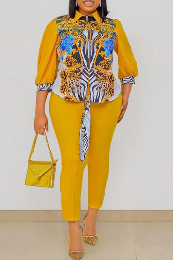 Yellow Fashion Casual Print Patchwork Turndown Collar Three Quarter Two Pieces