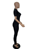 Black Fashion Casual Solid Basic O Neck Short Sleeve Two Pieces